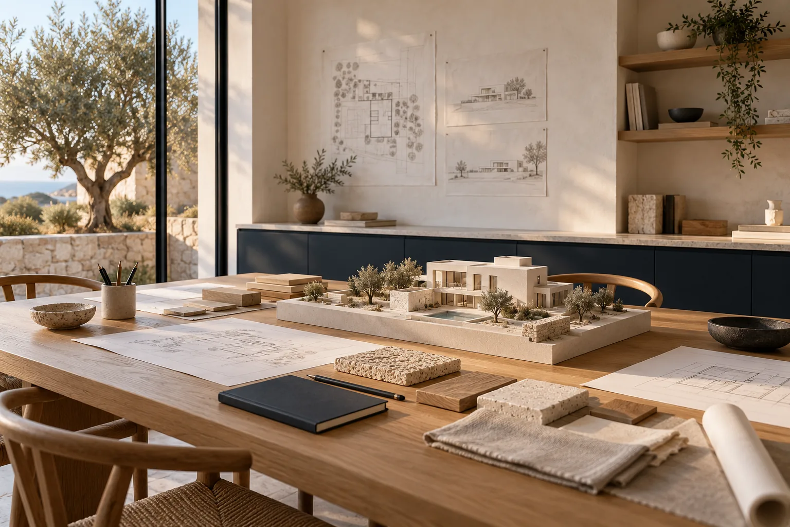 Table de travail du studio : maquette de villa, plans et échantillons de pierre et de bois