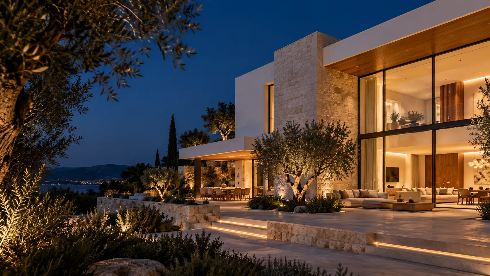 Contemporary light-stone villa at night, lit terrace and olive trees