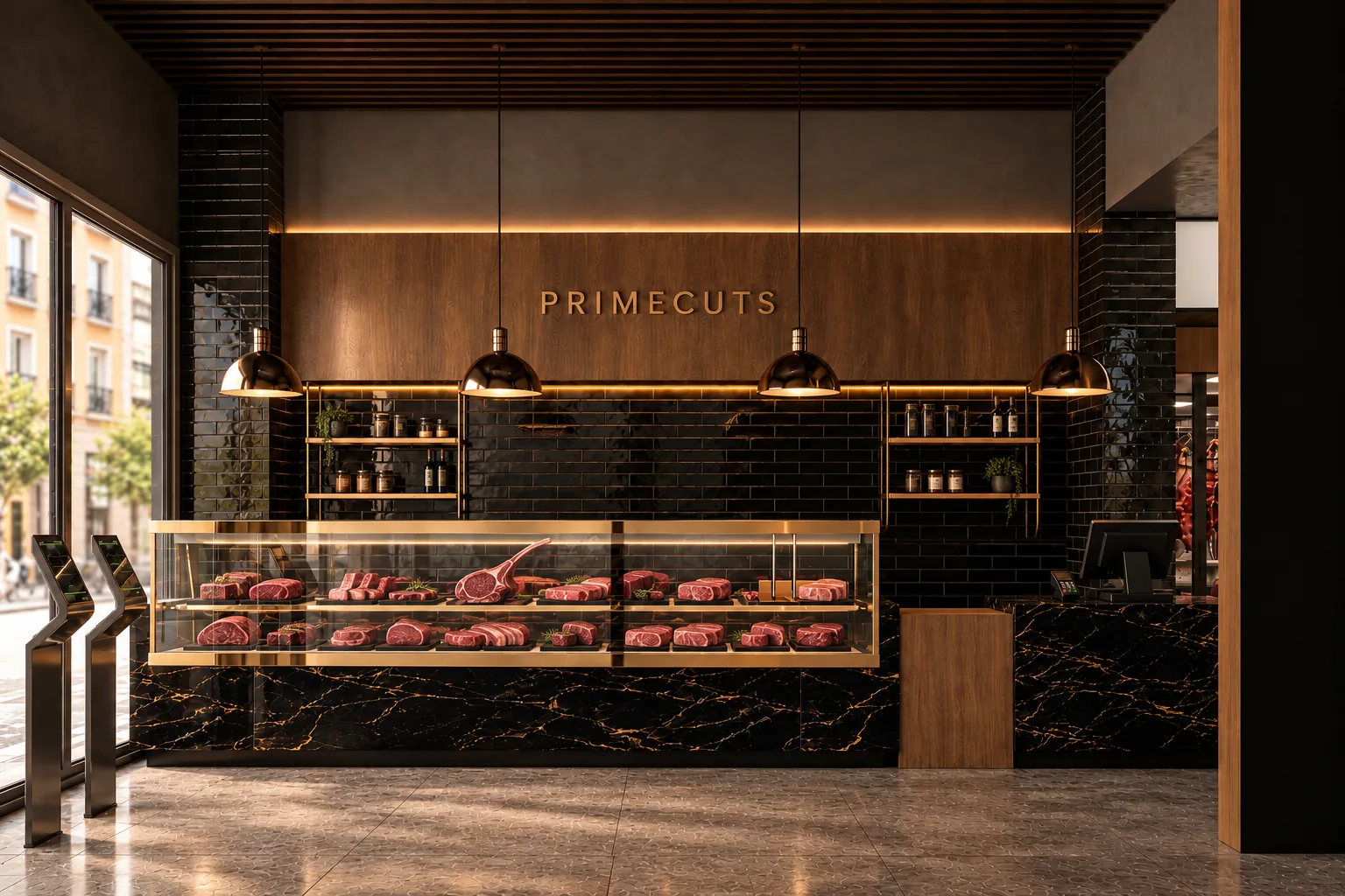 PRIMECUTS : boucherie premium, marbre noir et cuivre — DICE ARCHI
