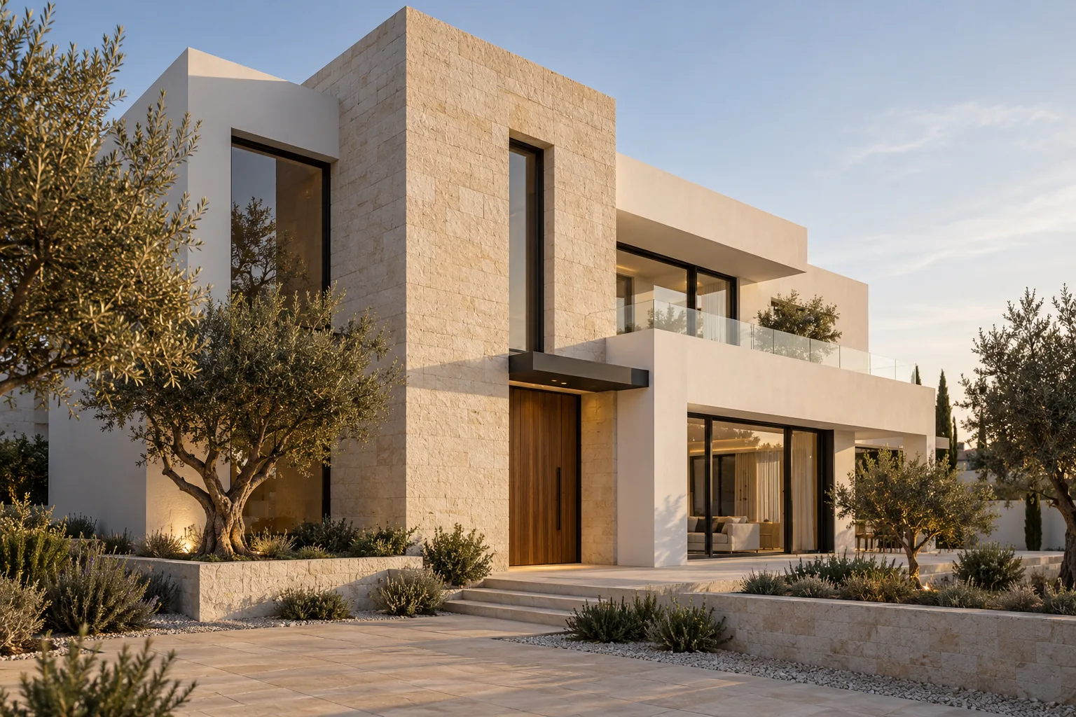Contemporary villa in light stone and white render, surrounded by olive trees — DICE ARCHI