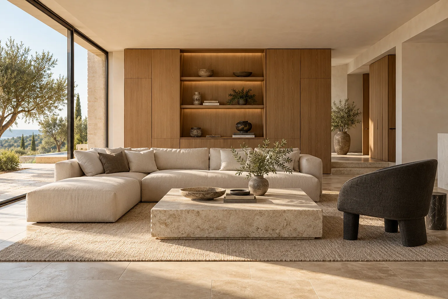 Oak and stone living room opening onto an olive garden — DICE ARCHI
