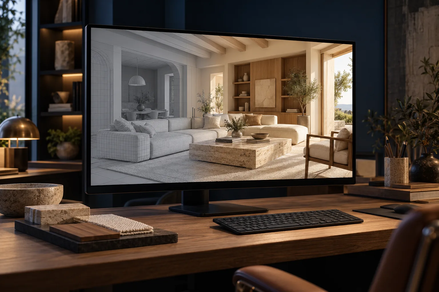 Workstation screen showing a living room, from wireframe to final render — DICE ARCHI