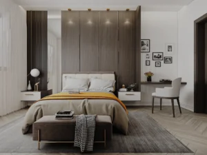 Modern hotel room design by DICE ARCHI featuring dark wood headboard and herringbone floor.