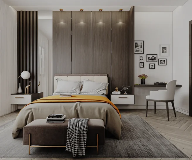 Modern hotel room design by DICE ARCHI featuring dark wood headboard and herringbone floor.