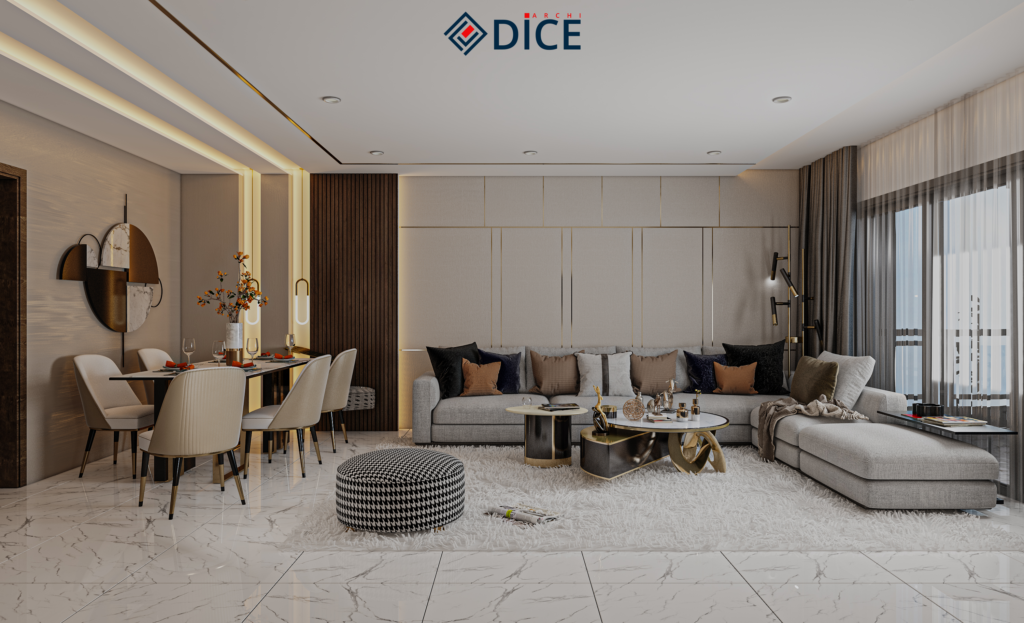 alt="Séjour de luxe ouvert avec décoration beige et or"