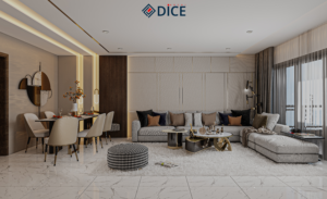 alt="Séjour de luxe ouvert avec décoration beige et or"