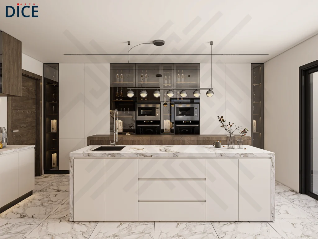Modern marble kitchen design by DICE ARCHI featuring waterfall island and wooden breakfast bar.