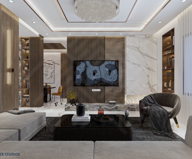 Modern luxury villa living room design by DICE ARCHI with white marble floors and gold chandelier.