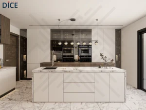 Modern marble kitchen design by DICE ARCHI featuring waterfall island and wooden breakfast bar.
