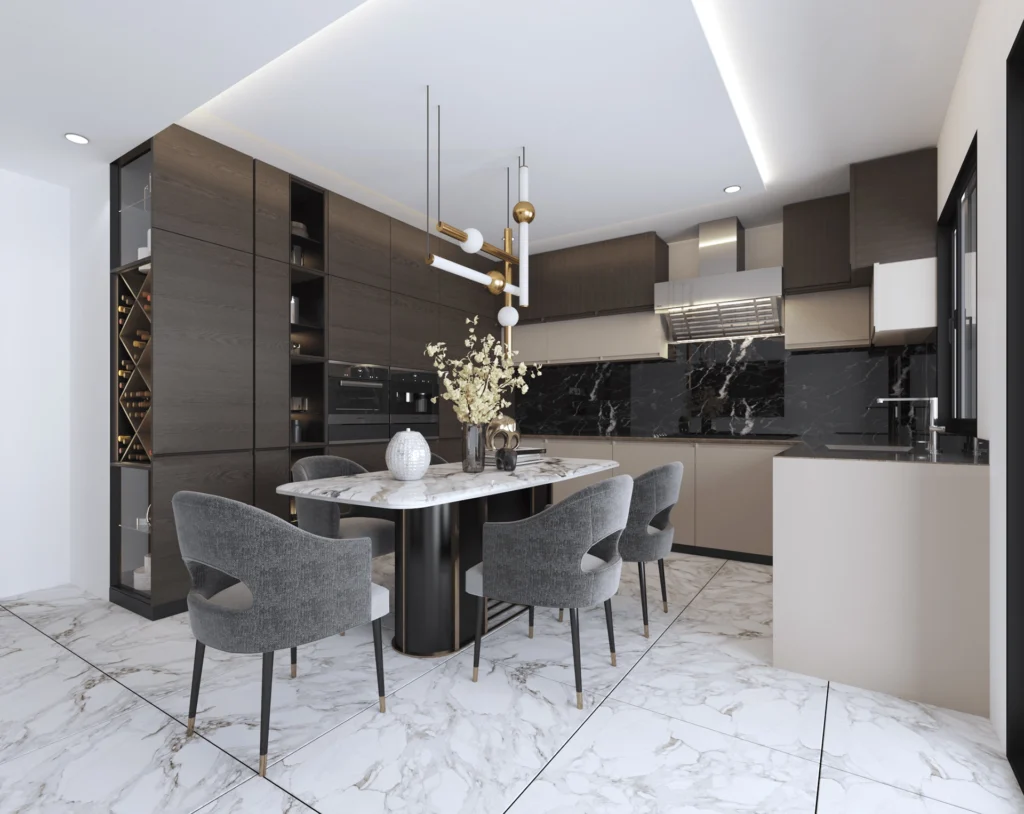 Modern white and wood kitchen design by DICE ARCHI with subway tile backsplash and open shelves.