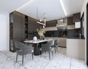 Modern white and wood kitchen design by DICE ARCHI with subway tile backsplash and open shelves.