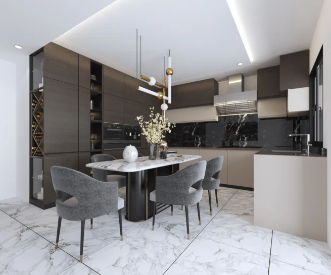 Modern white and wood kitchen design by DICE ARCHI with subway tile backsplash and open shelves.