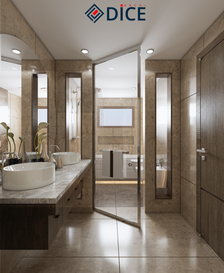Spacious shower and bathtub zone with dark marble accents in a Modern Master Bathroom Design Beige