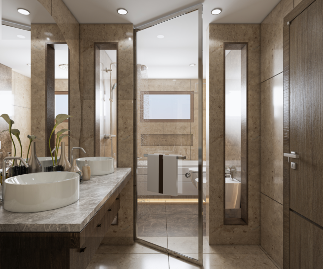 Spacious shower and bathtub zone with dark marble accents in a Modern Master Bathroom Design Beige