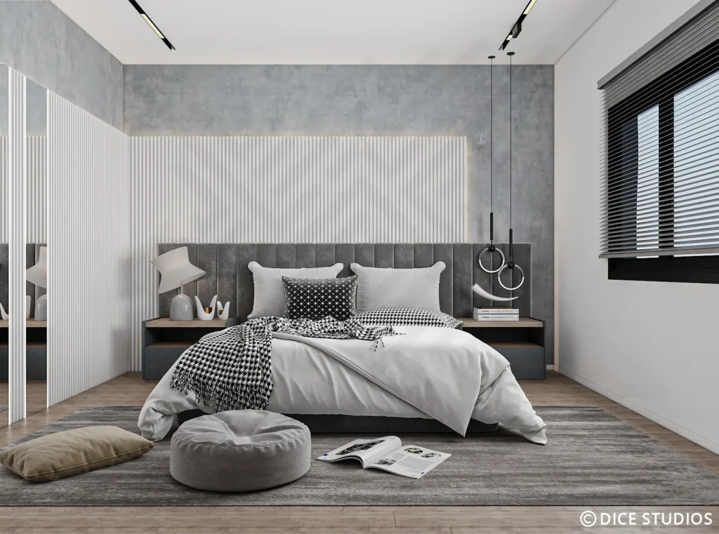 Modern grey bedroom design by DICE ARCHI featuring glass walk-in closet and fluted wall panels.