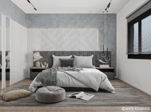 Modern grey bedroom design by DICE ARCHI featuring glass walk-in closet and fluted wall panels.