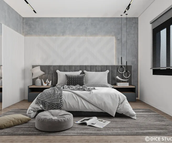 Modern grey bedroom design by DICE ARCHI featuring glass walk-in closet and fluted wall panels.