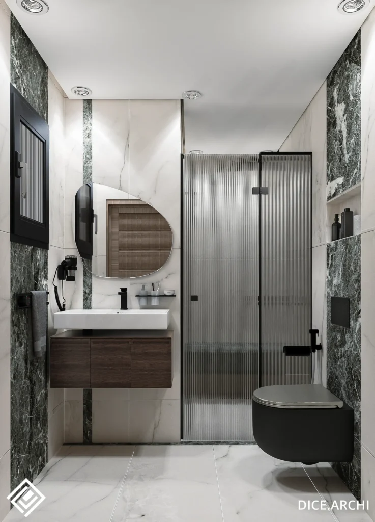 Modern luxury bathroom design by DICE ARCHI featuring green marble accents and black toilet.