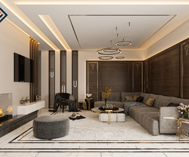 Modern luxury apartment design by DICE ARCHI featuring glass fireplace and wood paneling.