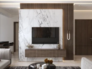Modern luxury apartment design by DICE ARCHI featuring marble TV wall and rust dining chairs.