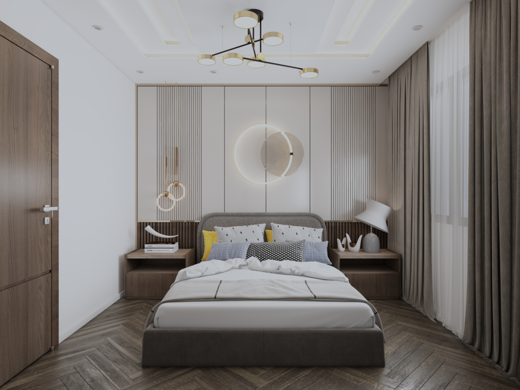 Modern kids bedroom design by DICE ARCHI featuring fluted wall panels and yellow accents.