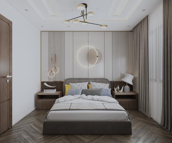 Modern kids bedroom design by DICE ARCHI featuring fluted wall panels and yellow accents.