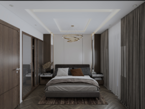 Modern luxury bedroom design by DICE ARCHI featuring wood slat headboard and gold ring chandelier.
