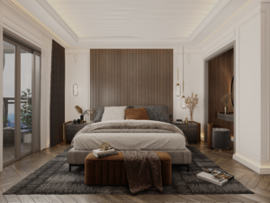 Neoclassical master bedroom design by DICE ARCHI featuring wood slat headboard and rust ottoman.