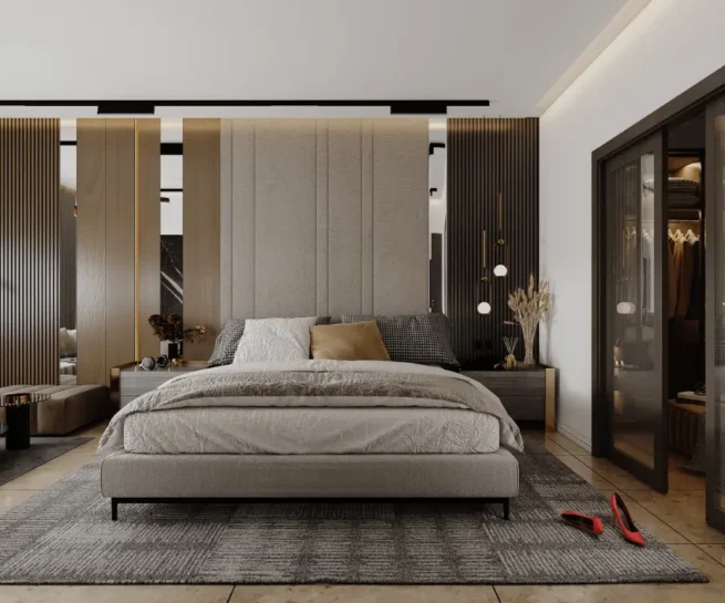 Modern Master Bedroom Design featuring wood slats and glass closet doors.