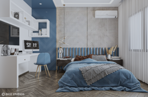 Modern boy bedroom design by DICE ARCHI featuring concrete wall and blue study desk.