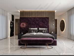 Modern luxury master suite co-designed by Abir Jeloull Studio and DICE ARCHI featuring purple velvet bed.ARCHI featuring purple velvet bed and marble floors.