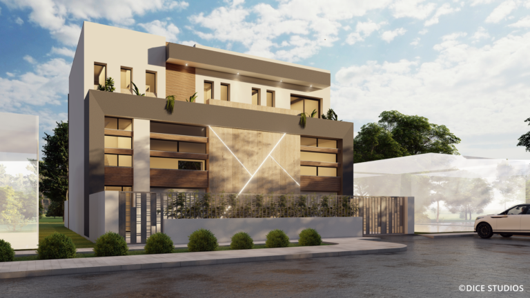 alt="Modern office façade design featuring geometric wood paneling"