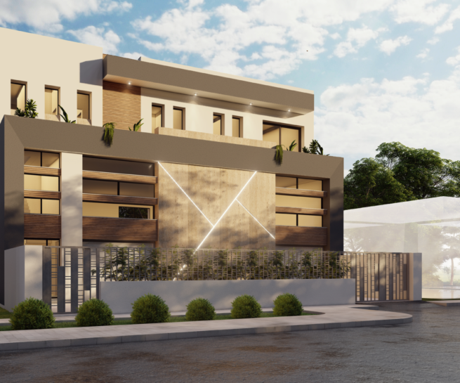 alt="Modern office façade design featuring geometric wood paneling"