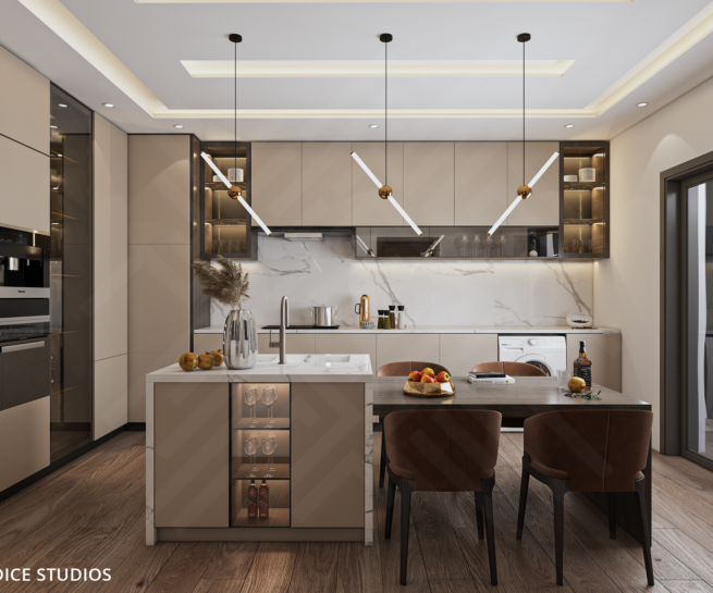 Modern warm kitchen design by DICE ARCHI featuring beige cabinets and integrated wooden dining table.