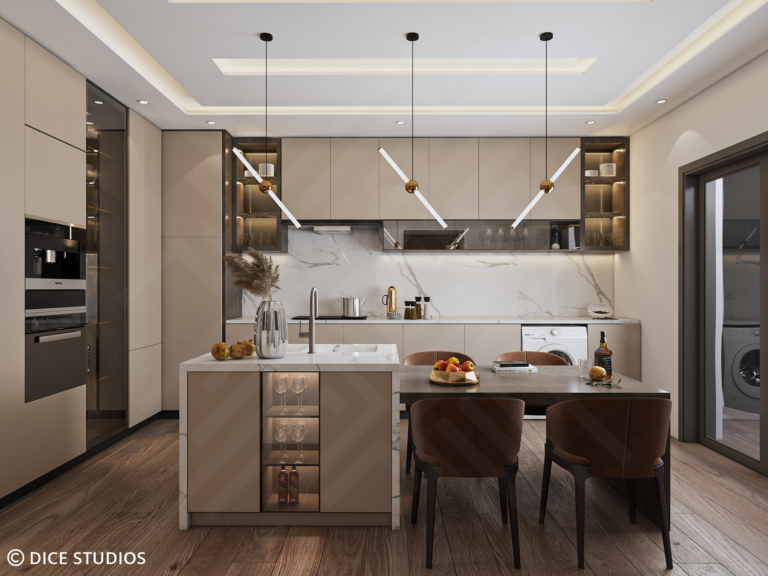 Modern warm kitchen design by DICE ARCHI featuring beige cabinets and integrated wooden dining table.