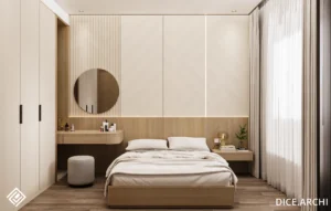Front view of a Contemporary Bedroom Design featuring a light wood bed, custom vanity with round mirror, and beige wardrobes