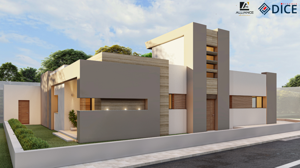 alt="Façade principale d'une villa moderne plain-pied aux tons chauds"