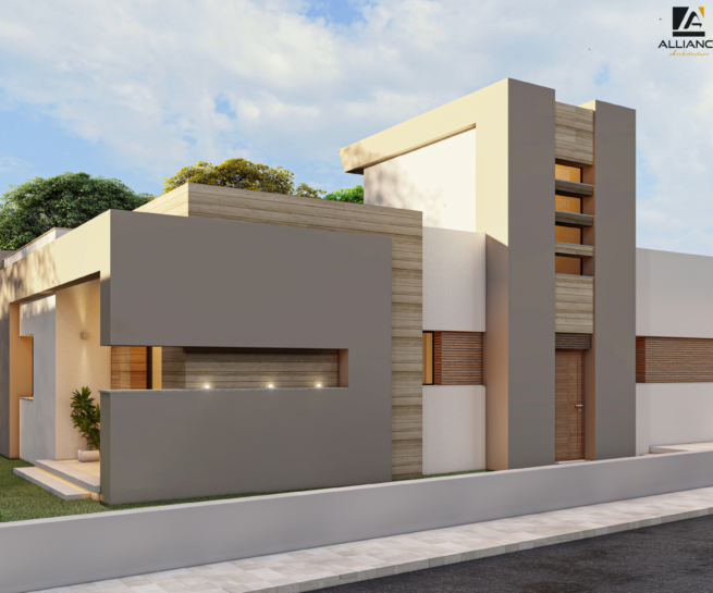 alt="Façade principale d'une villa moderne plain-pied aux tons chauds"