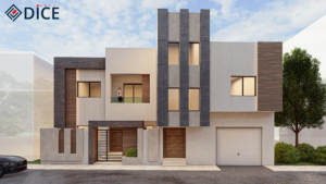 Modern Two-Story Villa exterior design by DICE ARCHI featuring vertical grey stone cladding and white geometric volumes.