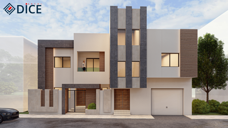 Modern Two-Story Villa exterior design by DICE ARCHI featuring vertical grey stone cladding and white geometric volumes.