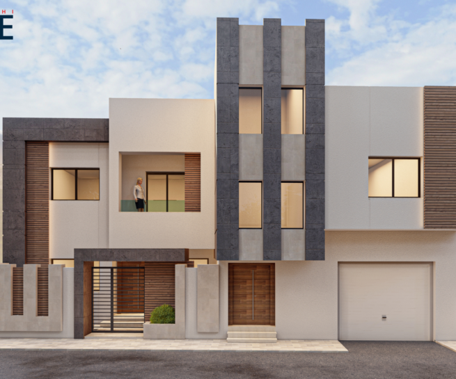 Modern Two-Story Villa exterior design by DICE ARCHI featuring vertical grey stone cladding and white geometric volumes.