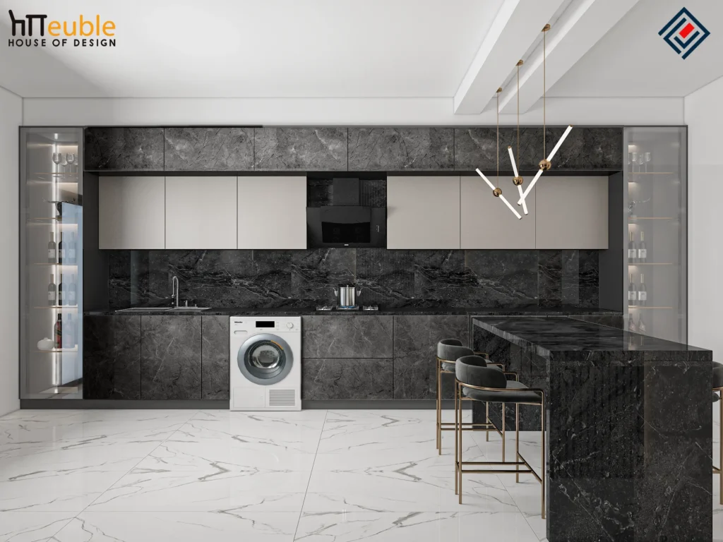 Front view of a Modern Luxury Kitchen Design featuring dark stone cabinets and gold lighting.