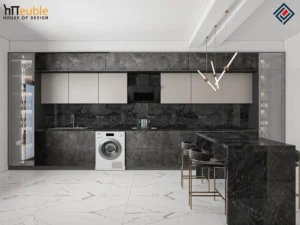 Front view of a Modern Luxury Kitchen Design featuring dark stone cabinets and gold lighting.