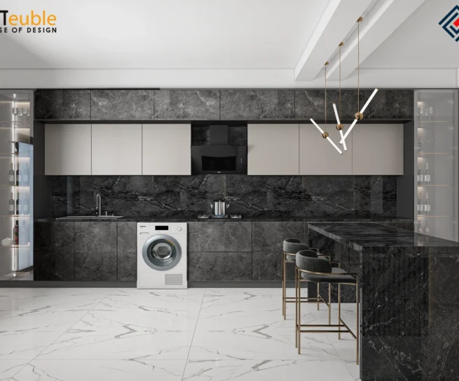 Front view of a Modern Luxury Kitchen Design featuring dark stone cabinets and gold lighting.