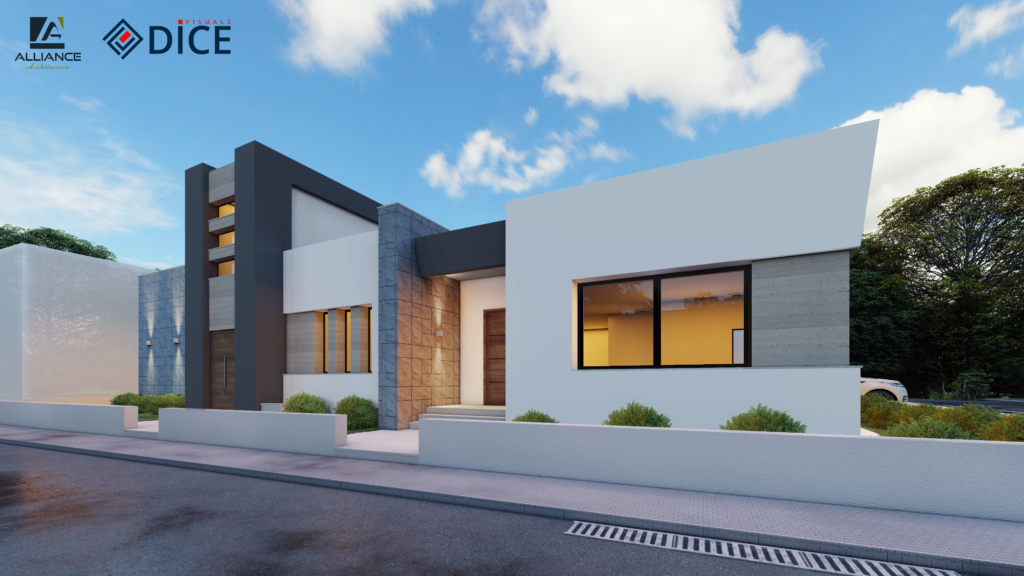 Modern stone villa exterior co-designed by DICE ARCHI and Alliance Architecture featuring grey stone cladding.