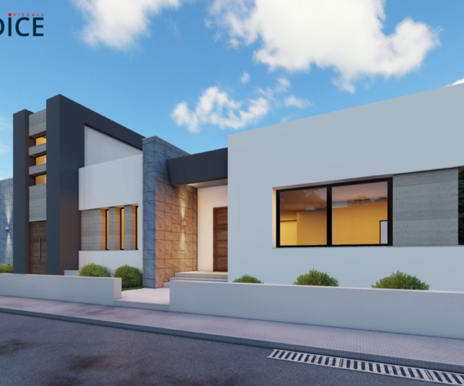 Modern stone villa exterior co-designed by DICE ARCHI and Alliance Architecture featuring grey stone cladding.