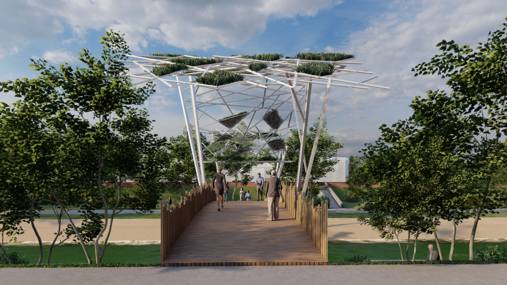 Visualisation 3D de pont piétonnier avec structure en acier blanc