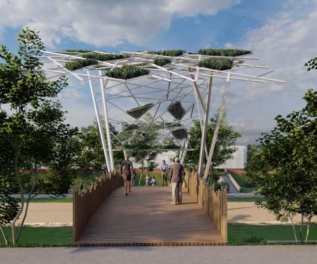 Visualisation 3D de pont piétonnier avec structure en acier blanc