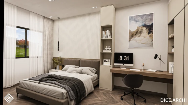 Perspective view of a Modern Bedroom Interior featuring a beige slat wall, herringbone flooring, and an integrated wood desk