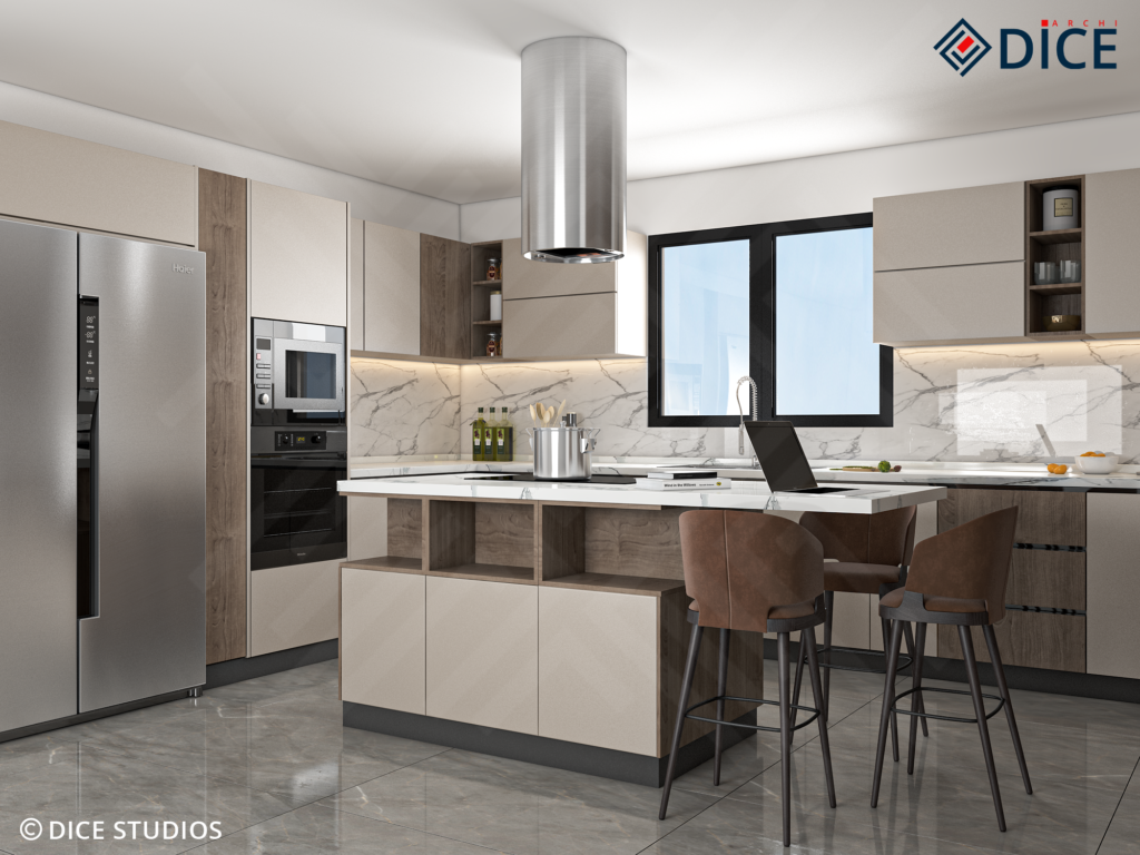 Modern minimalist kitchen design by DICE ARCHI featuring beige cabinets and a marble island.